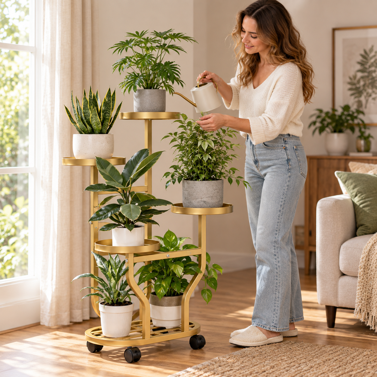 ✨Rolling Plant Stand | 4-Tier Metal Display | Home & Balcony | Gold Plant Holder