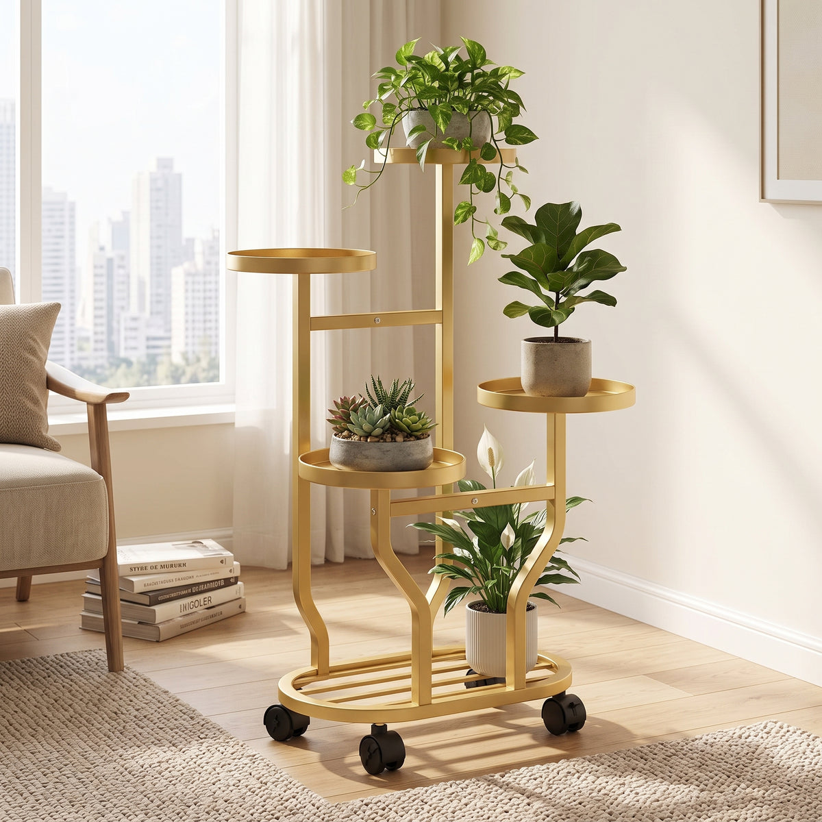 ✨Rolling Plant Stand | 4-Tier Metal Display | Home & Balcony | Gold Plant Holder