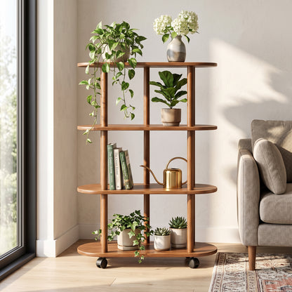 🍃Rolling Plant Stand | 4-Tier Wood Display | Home & Balcony | Mobile Greenery Shelf