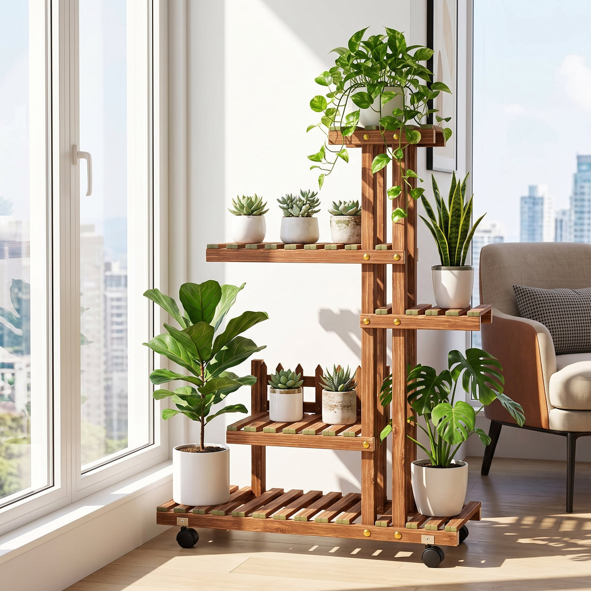 🌵Multi-Tier Plant Stand | Wooden Flower Rack | Indoor & Balcony | Rolling Plant Display