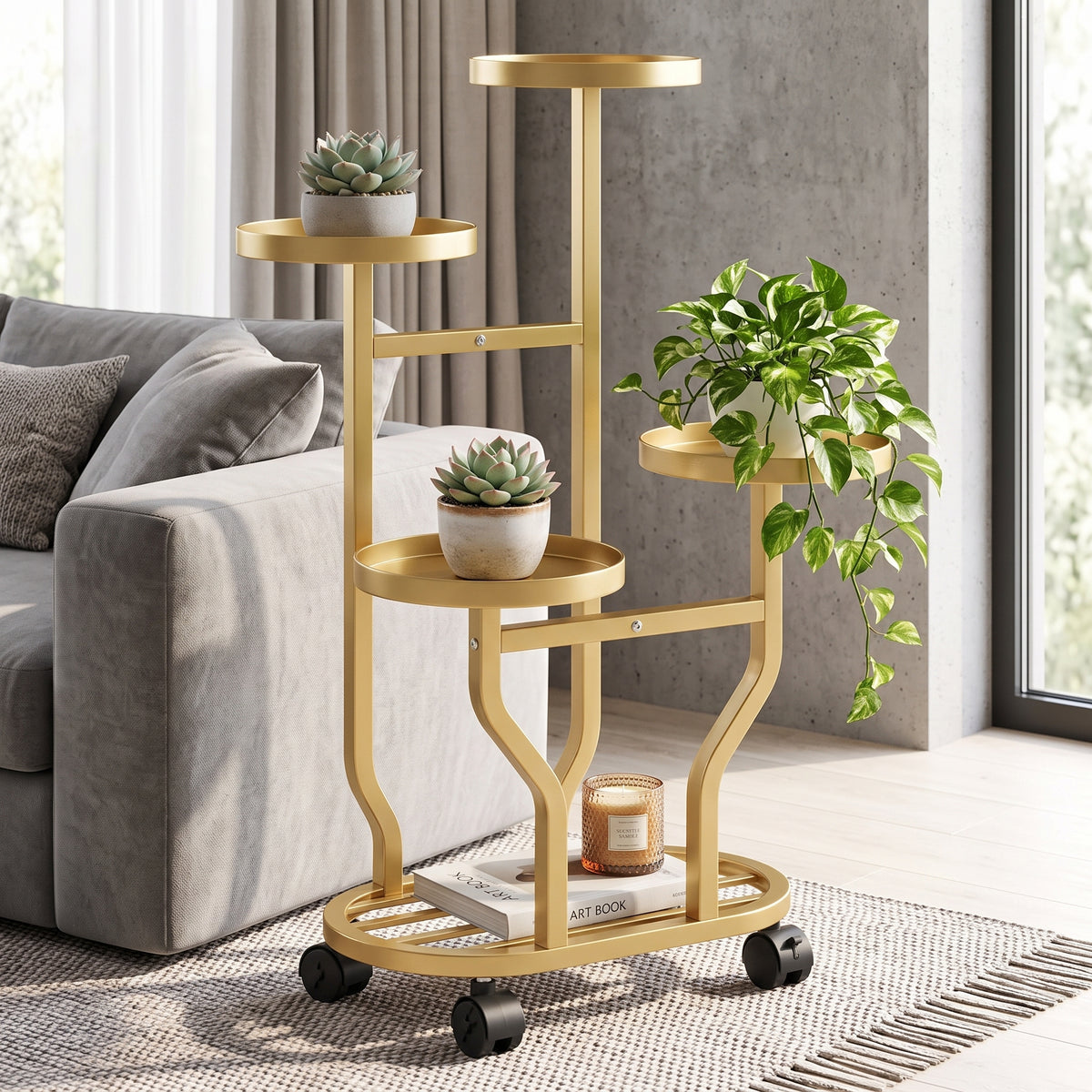 ✨Rolling Plant Stand | 4-Tier Metal Display | Home & Balcony | Gold Plant Holder