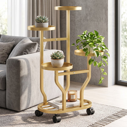 ✨Rolling Plant Stand | 4-Tier Metal Display | Home & Balcony | Gold Plant Holder