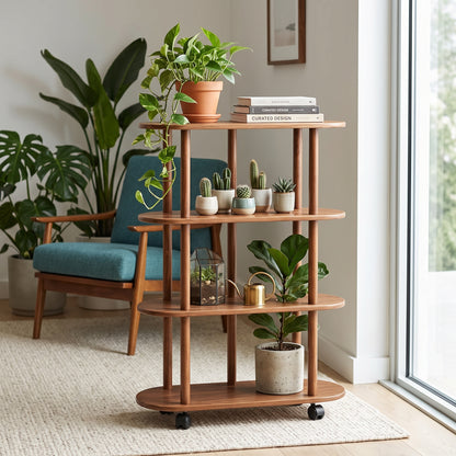 🍃Rolling Plant Stand | 4-Tier Wood Display | Home & Balcony | Mobile Greenery Shelf