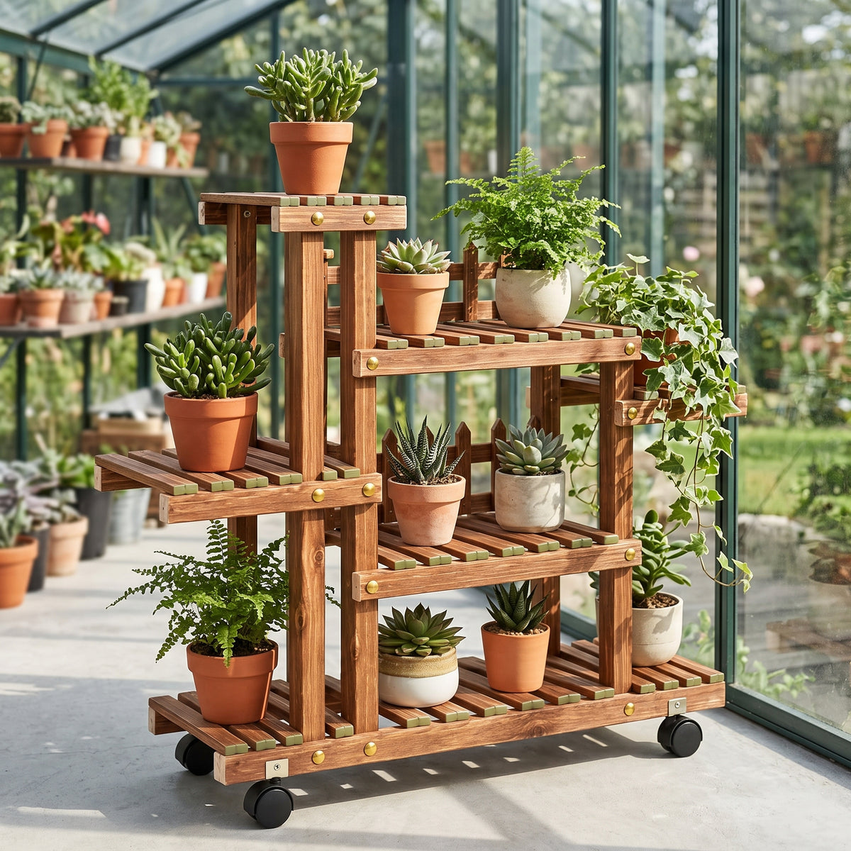 🌵Multi-Tier Plant Stand | Wooden Flower Rack | Indoor & Balcony | Rolling Plant Display