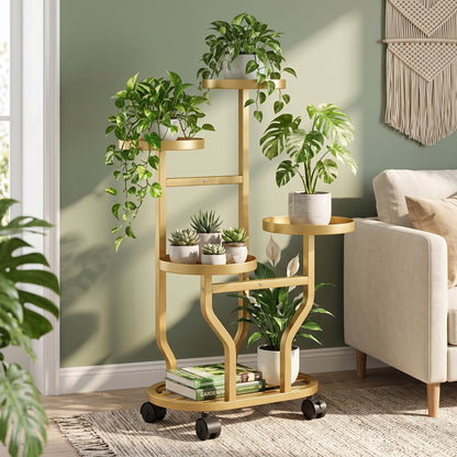 ✨Rolling Plant Stand | 4-Tier Metal Display | Home & Balcony | Gold Plant Holder