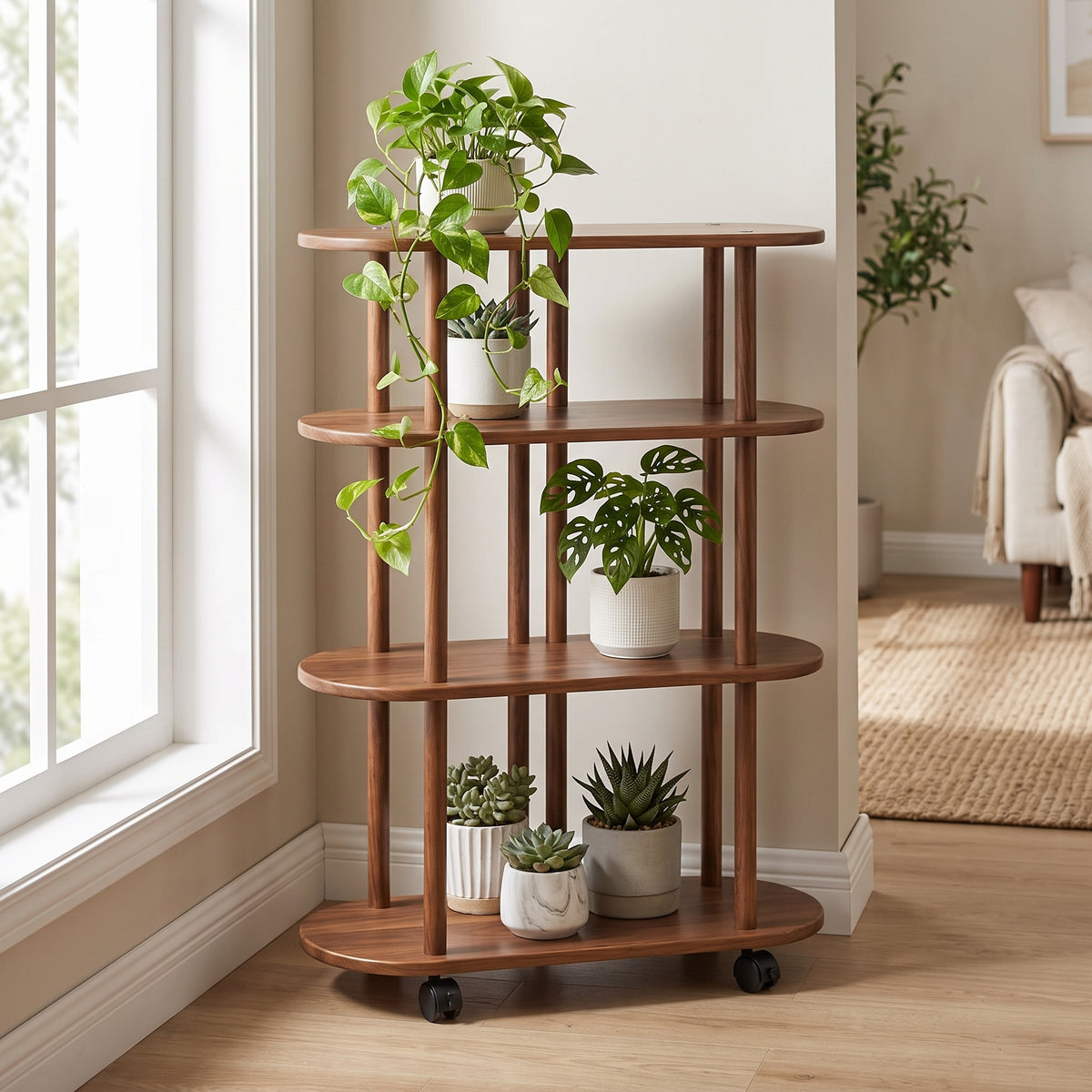 🍃Rolling Plant Stand | 4-Tier Wood Display | Home & Balcony | Mobile Greenery Shelf
