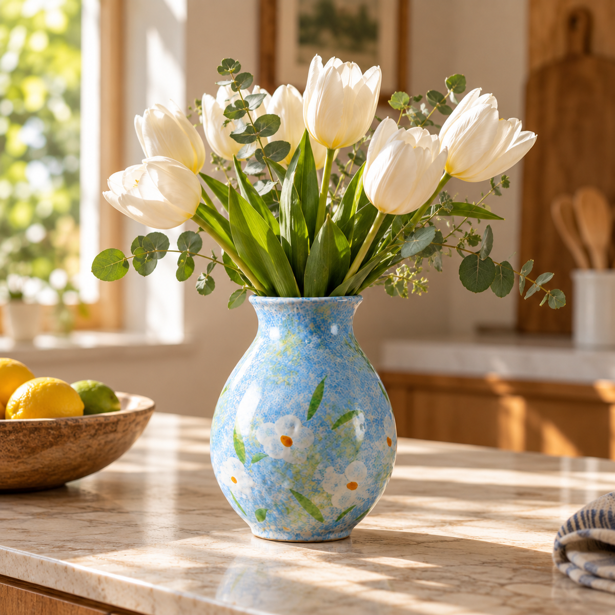 🌼 Floral Vase | Blue Ceramic Finish | Cottage-Inspired Flower Display