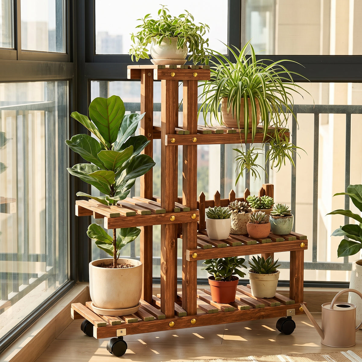 🌵Multi-Tier Plant Stand | Wooden Flower Rack | Indoor & Balcony | Rolling Plant Display