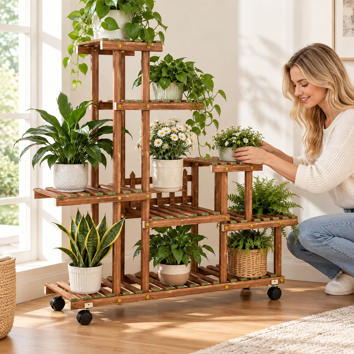 🌵Multi-Tier Plant Stand | Wooden Flower Rack | Indoor & Balcony | Rolling Plant Display
