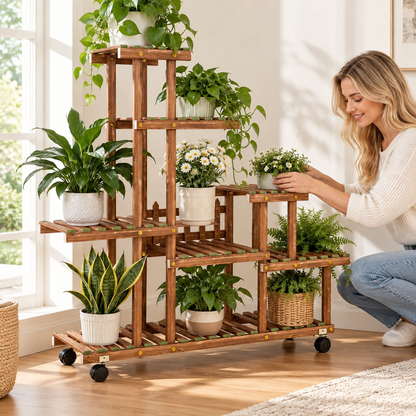 🌵Multi-Tier Plant Stand | Wooden Flower Rack | Indoor & Balcony | Rolling Plant Display
