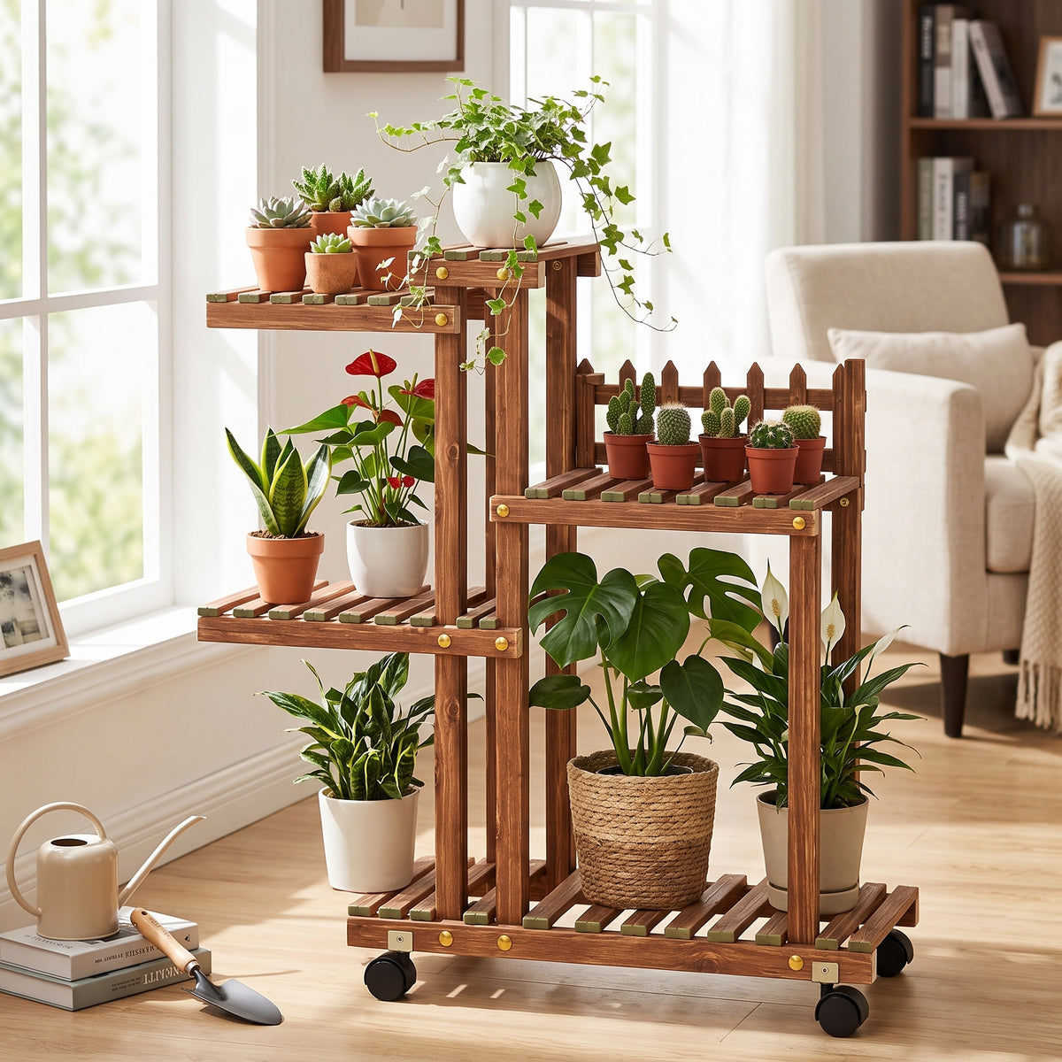 🌵Multi-Tier Plant Stand | Wooden Flower Rack | Indoor & Balcony | Rolling Plant Display