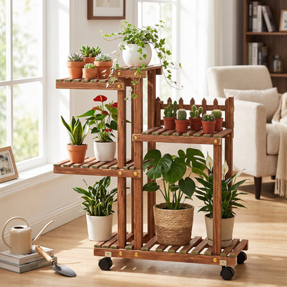 🌵Multi-Tier Plant Stand | Wooden Flower Rack | Indoor & Balcony | Rolling Plant Display