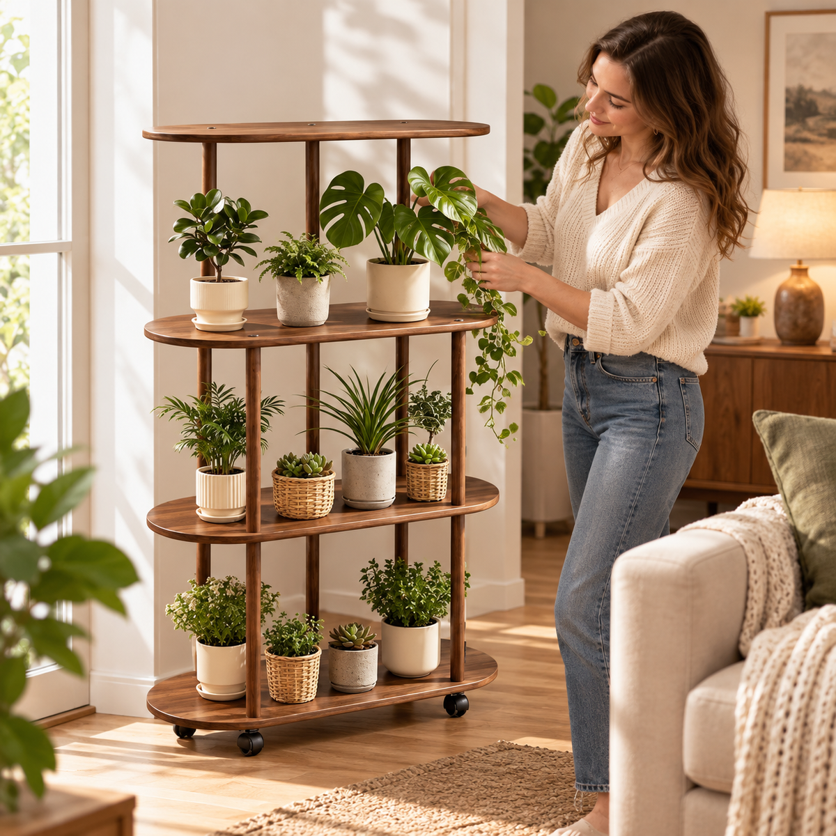 🍃Rolling Plant Stand | 4-Tier Wood Display | Home & Balcony | Mobile Greenery Shelf